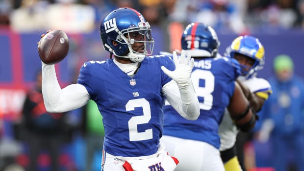Dec 31, 2023; East Rutherford, New Jersey, USA; New York Giants quarterback Tyrod Taylor (2) throws the ball during the second half against the Los Angeles Rams at MetLife Stadium. Mandatory Credit: Vincent Carchietta-USA TODAY Sports